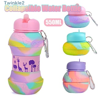 Twinkle ขวดน้ําซิลิโคน พับได้ กันรั่วซึม แบบพกพา 550 มล. พร้อมคาราบิเนอร์ โดนัท สําหรับตั้งแคมป์