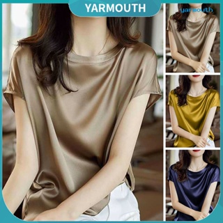 Yyr-- เสื้อยืดคอกลม แขนสั้น ผ้าซาติน ทรงหลวม สีพื้น สําหรับผู้หญิง