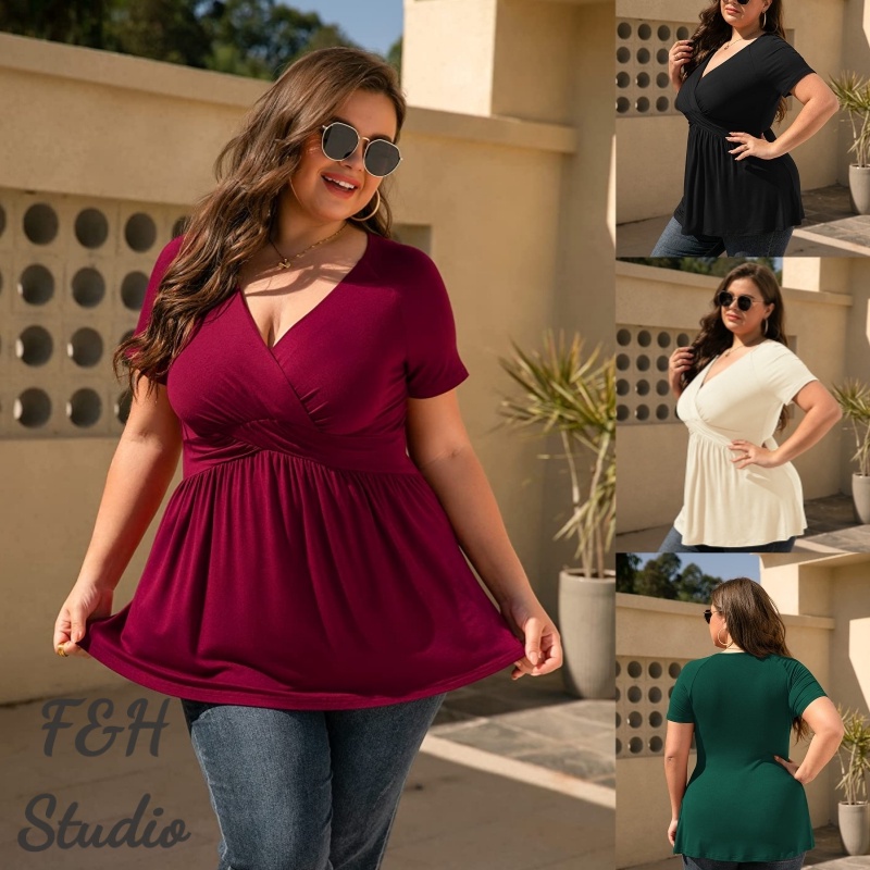 F&H 3813-4 สี L-5XL ผู้หญิง Plus ขนาดสีทึบ V คอ T เสื้อ Top