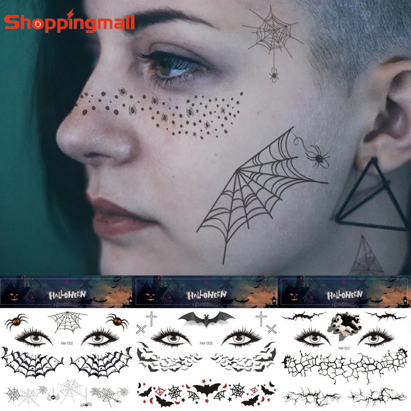 ฮาโลวีน Spider Web Tattoo Face แต่งหน้าปลอมชั่วคราวสติกเกอร์กันน้ํา Body Art Tattoos สําหรับผู้หญิง Party Decals