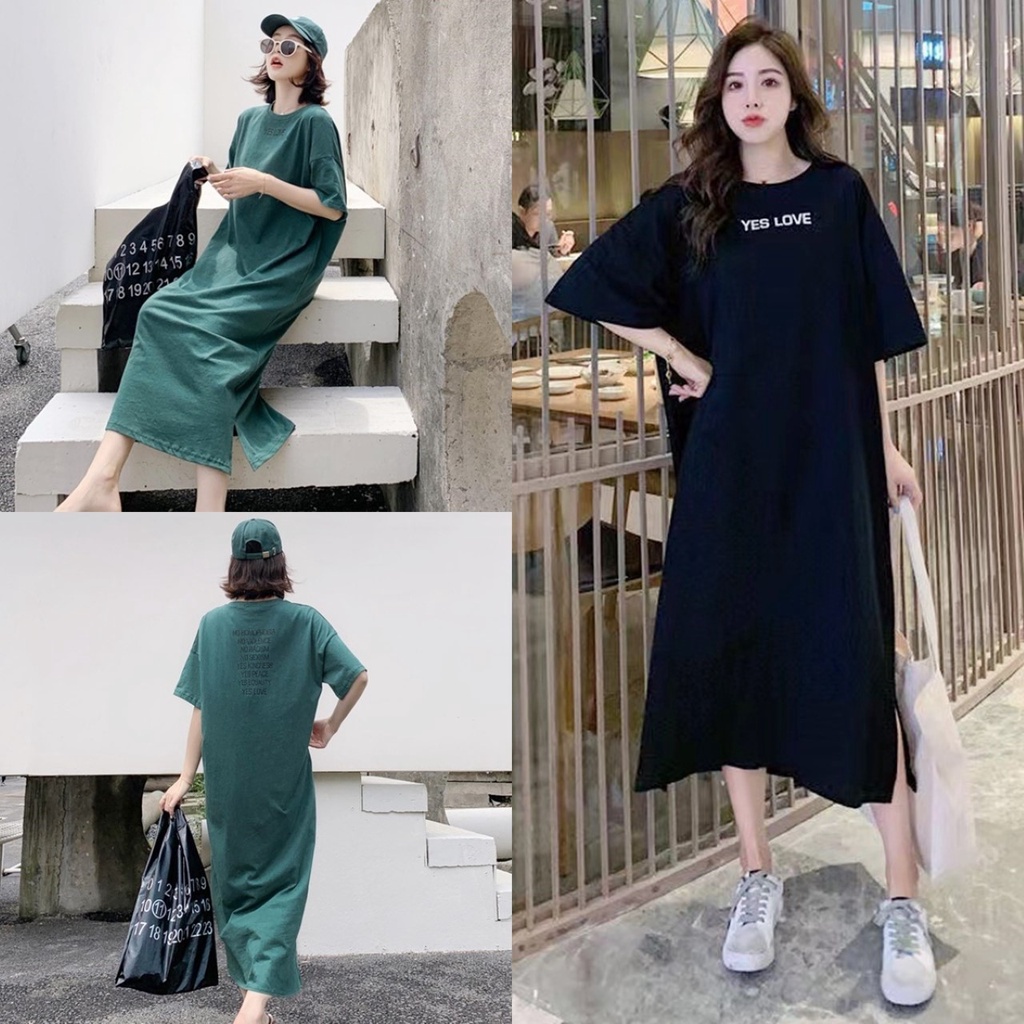 🔥ราคาถูกที่สุด🔥ชุดเดรสยาวแขนสั้นคอกลม ทรงตรง อกสกรีนลาย YES LOVE ชายแต่งผ่าเล็กๆ 2 สี