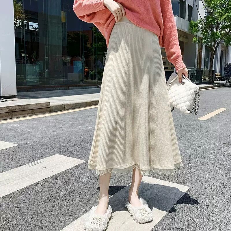 ใหม่ กระโปรงยาว ผ้าลูกฟูก เอวสูง ทรงสลิม ขนาดใหญ่ สีไวน์แดง แฟชั่นฤดูใบไม้ร่วง ฤดูหนาว สําหรับผู้หญิง