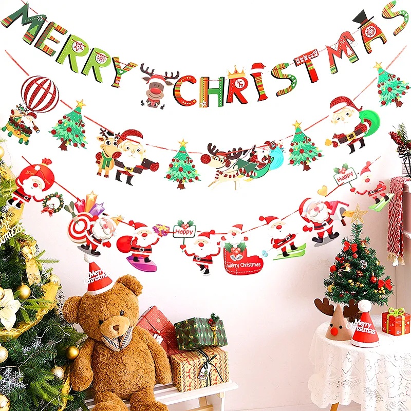 Merry Christmas Garland แบนเนอร์ - Santa Claus Snowman Elk แขวนธง - เครื่องประดับต้นคริสต์มาสสําหรับ Home Party Decor