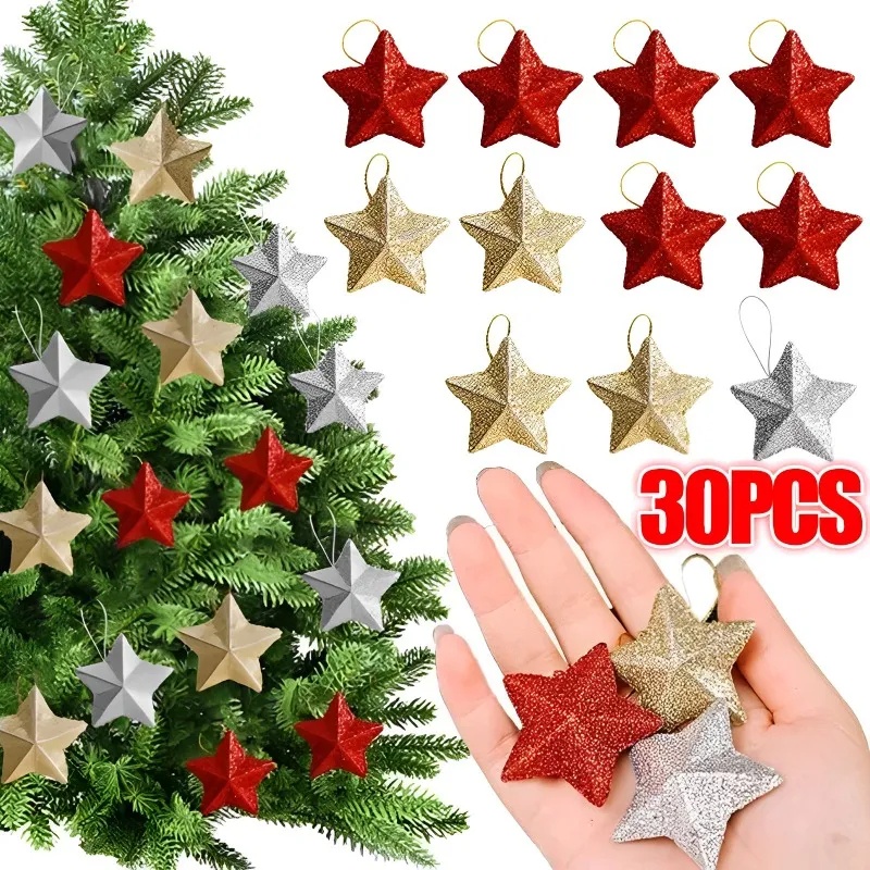 จี้รูปดาว ประดับกลิตเตอร์ สีทอง สีเงิน สําหรับแขวนตกแต่งต้นคริสต์มาส DIY 6 30 ชิ้น