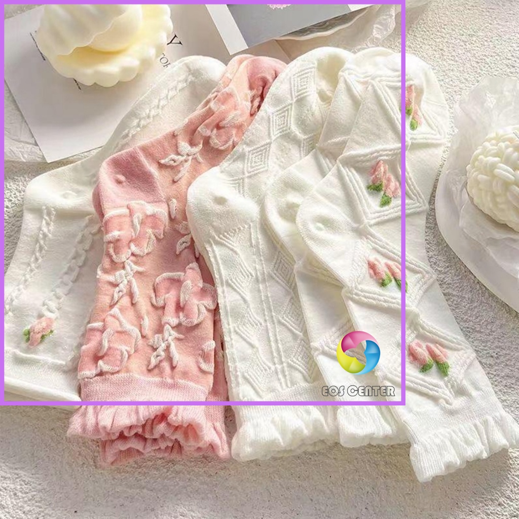 EC. ถุงเท้าลายดอกไม้  แฟชั่นโลลิต้า  วัสดุผ้าฝ้ายโพลีเอสเตอร์ สไตล์ญี่ปุ่น  Women socks - รูปที่ 3