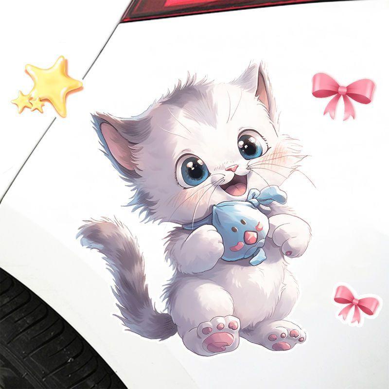 สติกเกอร์ ลายการ์ตูนแมวแฮปปี้ สร้างสรรค์ สําหรับตกแต่งรถยนต์ไฟฟ้า