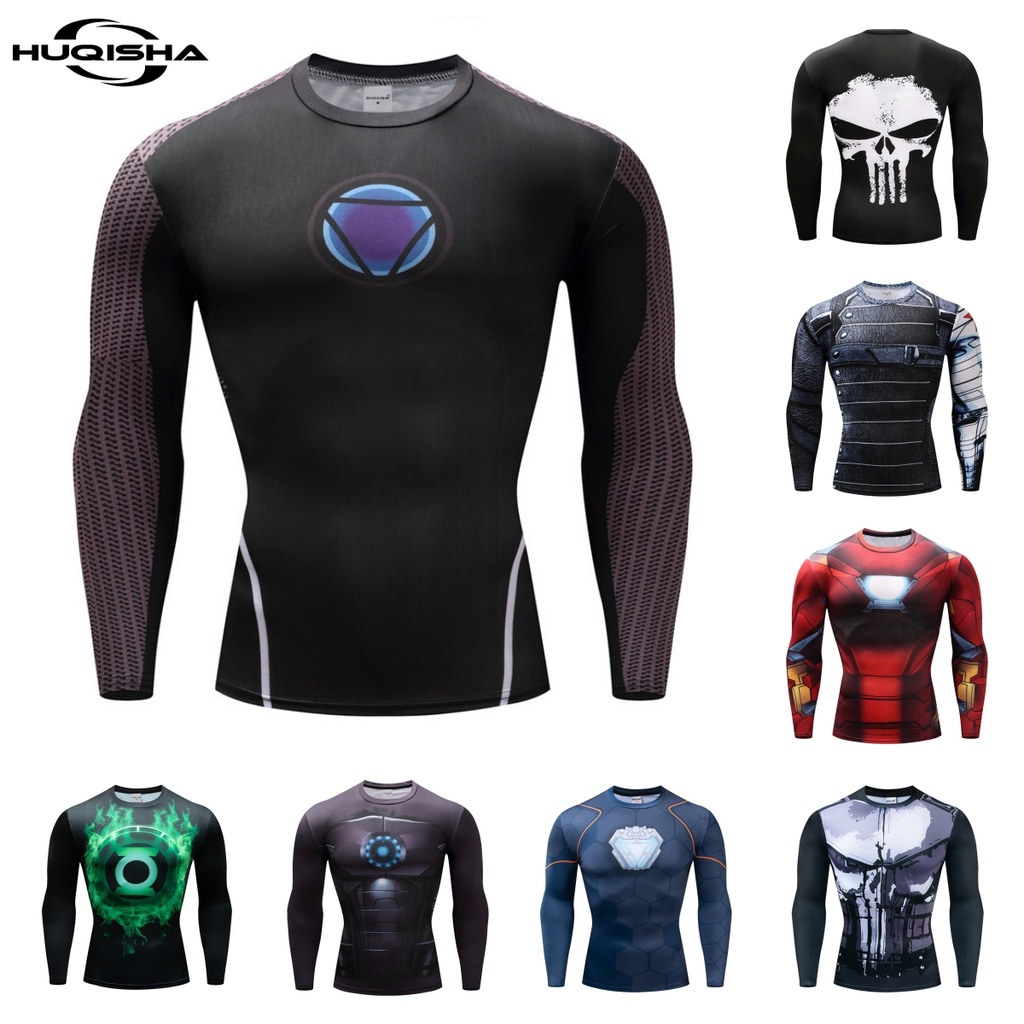 เสื้อยืดกีฬา แขนสั้น พิมพ์ลาย Superhero Ironman แบบแห้งเร็ว สําหรับผู้ชาย ใส่ไปยิม