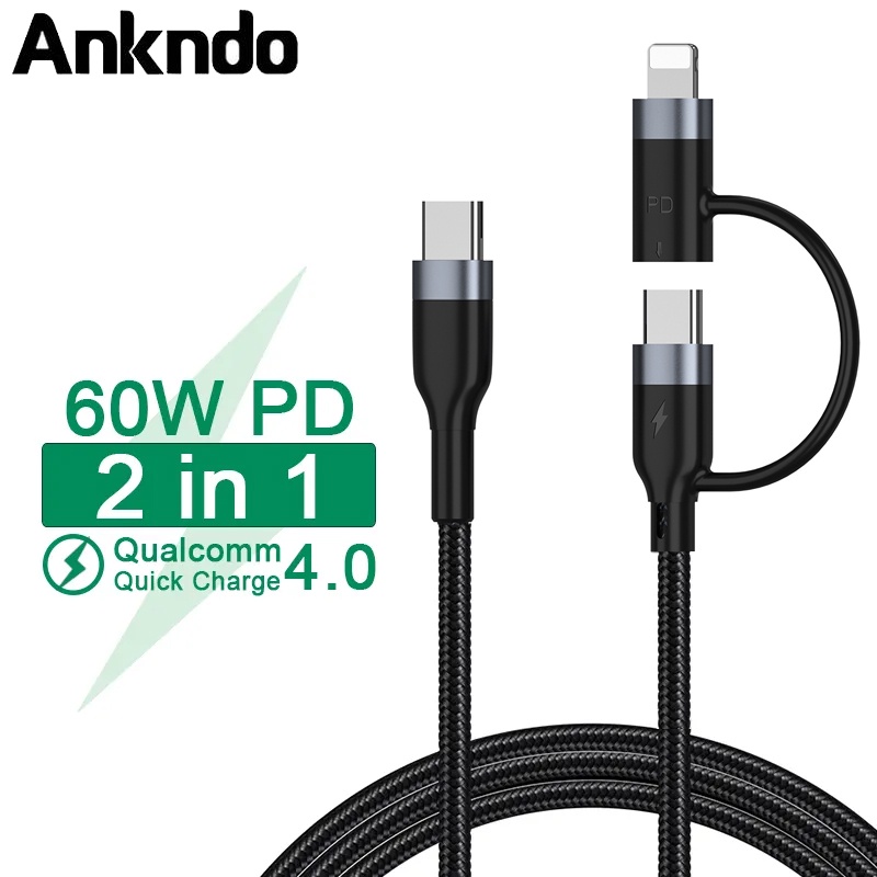 สายชาร์จ USB C เป็น Type C Lightning 60W PD 2 In 1 สําหรับโทรศัพท์มือถือ Samsung Xiaomi