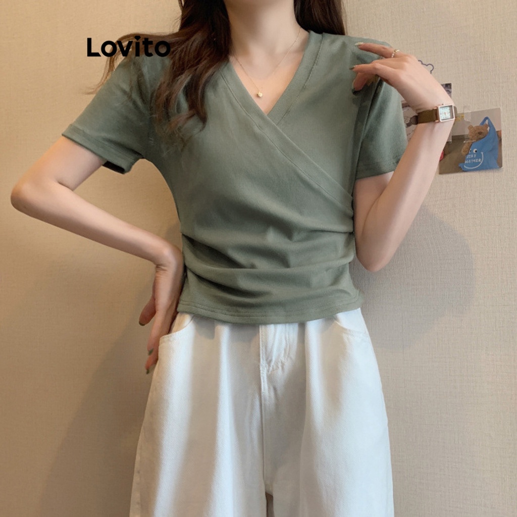 Lovito เสื้อผู้หญิง แบบอสมมาตร สีพื้น สไตล์ลำลอง LNA27015 (สีเขียวขี้ม้า / สีดำ)