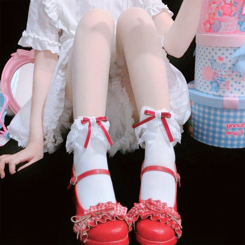 Zuo ถุงเท้าข้อสั้น ผ้าฝ้าย แต่งริบบิ้นโบว์น่ารัก สไตล์ญี่ปุ่น สําหรับผู้หญิง