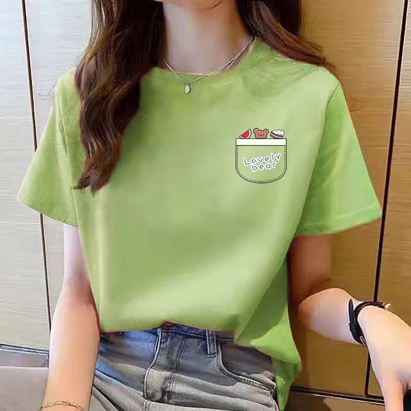 เสื้อยืดคอกลม แขนสั้น ทรงหลวม สีแดง แฟชั่นสําหรับผู้หญิง