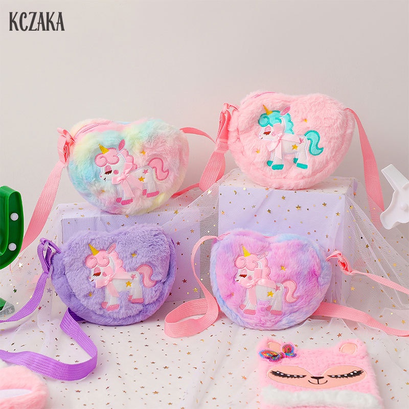Kczaka การ์ตูนยูนิคอร์น ตุ๊กตา กระเป๋าสะพายไหล่ เด็ก หัวใจน่ารัก กระเป๋าสะพายข้าง