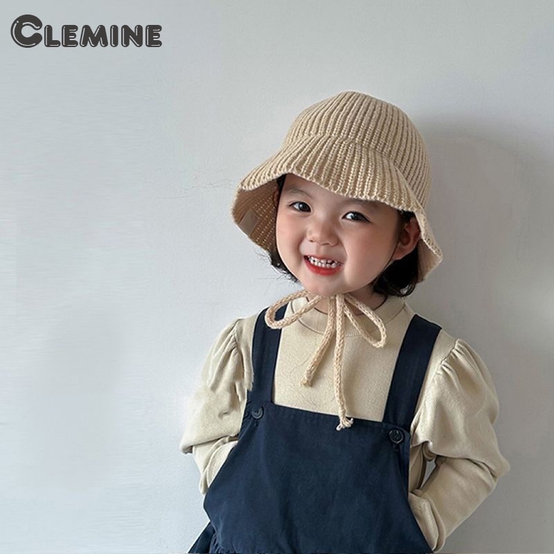 Clemine หมวกถัก ผ้าขนสัตว์ สีพื้น แบบผูกเชือก สําหรับเด็กผู้ชาย และเด็กผู้หญิง