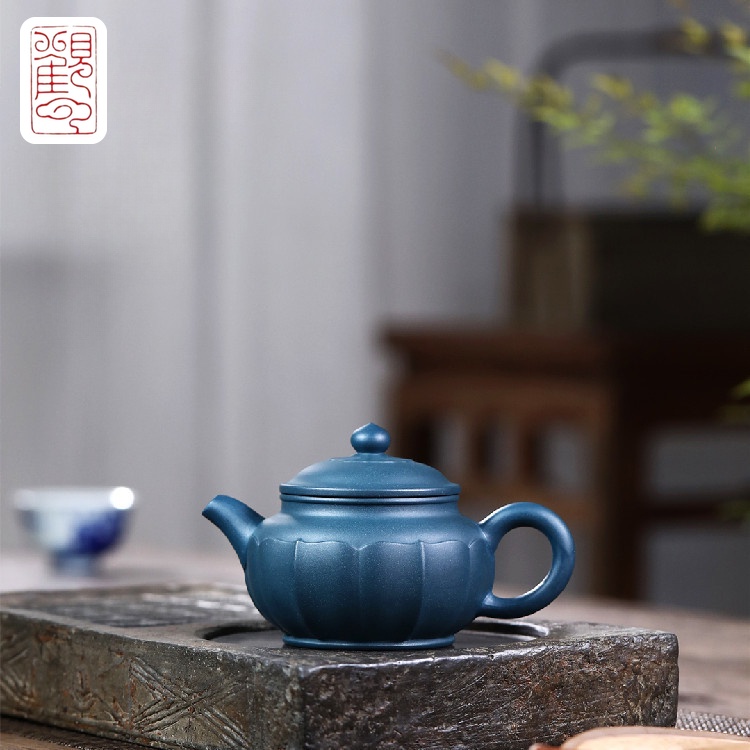 [Guanyun] Yixing Zisha กาน้ําชาแร่ดิบ Azure โคลนกลีบบัวทําด้วยมือที่มีชื่อเสียงผลิตภัณฑ์หรูหราชุดน้ํ