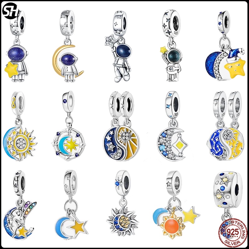 สร้อยข้อมือ ลูกปัดเงิน 925 จี้ดาว ดวงจันทร์ ดวงอาทิตย์ เครื่องประดับ สําหรับผู้หญิง