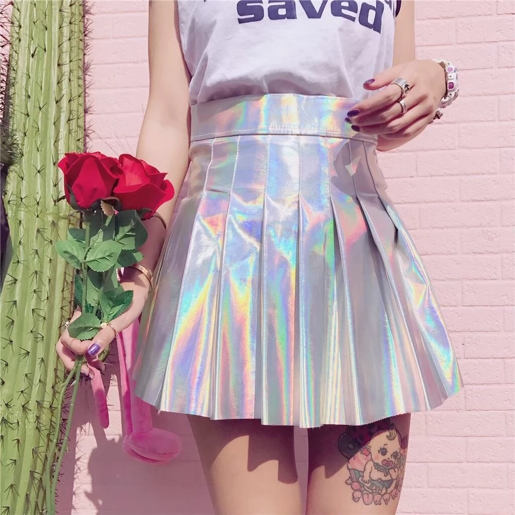 (จัดส่งทุกวัน) พร้อมส่ง Mini Hologram (XS-4XL) กระโปรงหนังโฮโลแกรม ทรงพลีทสั้น ใครสายปาร์ตี้ต้องจัด กีฬาสี กระโปรงกีฬ...