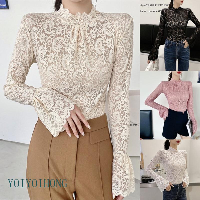 Yoi เสื้อยืด คอเต่า แขนยาว ลูกไม้ แขนกระดิ่ง ยืดหยุ่น สําหรับผู้หญิง