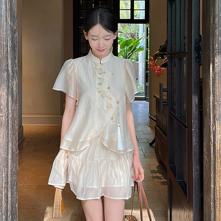 ใหม่ ชุดเสื้อแขนสั้น และกระโปรง แบบบาง ประดับพู่ ระดับไฮเอนด์ สไตล์จีน แฟชั่นฤดูร้อน สําหรับผู้หญิง