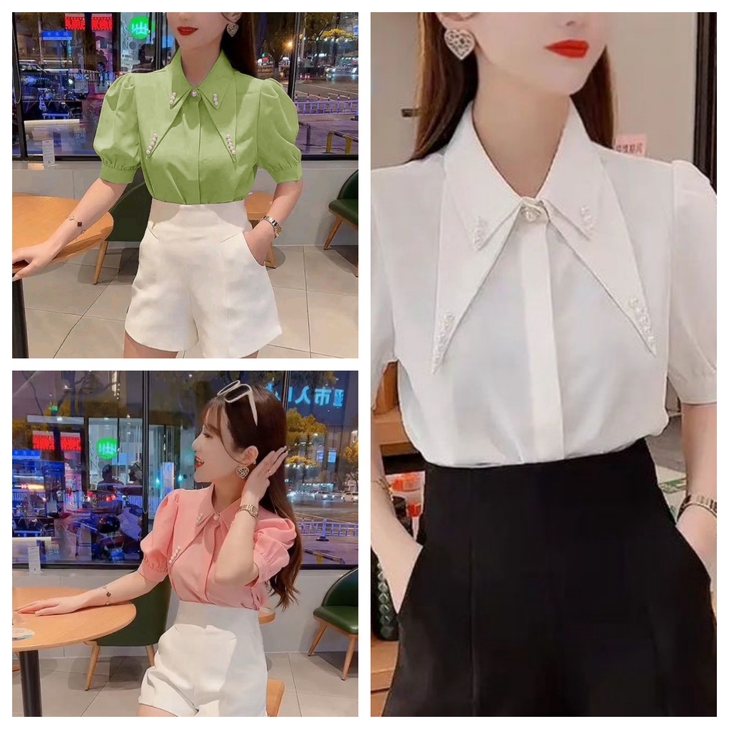 สไตล์อเมริกาเสื้อแฟชั่น ผู้หญิง ฤดูร้อนแขนพัฟลูกปัด เสื้อคอปกสูงสุดคู่