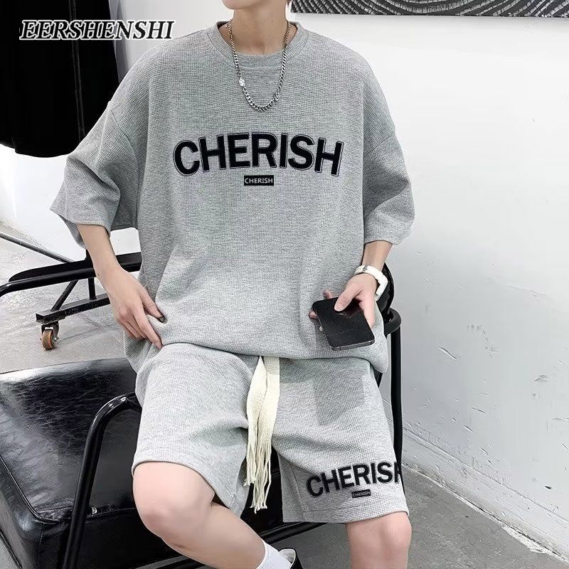 Eershenshi ชุดเสื้อแขนสั้นลําลอง ทรงหลวม พิมพ์ลาย สไตล์ยุโรป และอเมริกา เรโทร แฟชั่นฤดูใบไม้ผลิ และฤดูร้อน สําหรับผู้ชาย