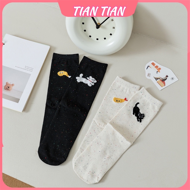 TIANTIAN T336 ถุงเท้า ทรงไม่สมมาตร ลายการ์ตูนแมวน่ารัก สไตล์เกาหลี ญี่ปุ่น สําหรับผู้หญิง
