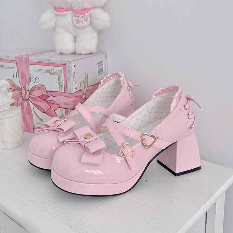 Candy Girl Lo รองเท้า Elegant ส้นสูง Bow Lolita รองเท้าน่ารักนักเรียนส้นหนาญี่ปุ่น Strappy รองเท้าห