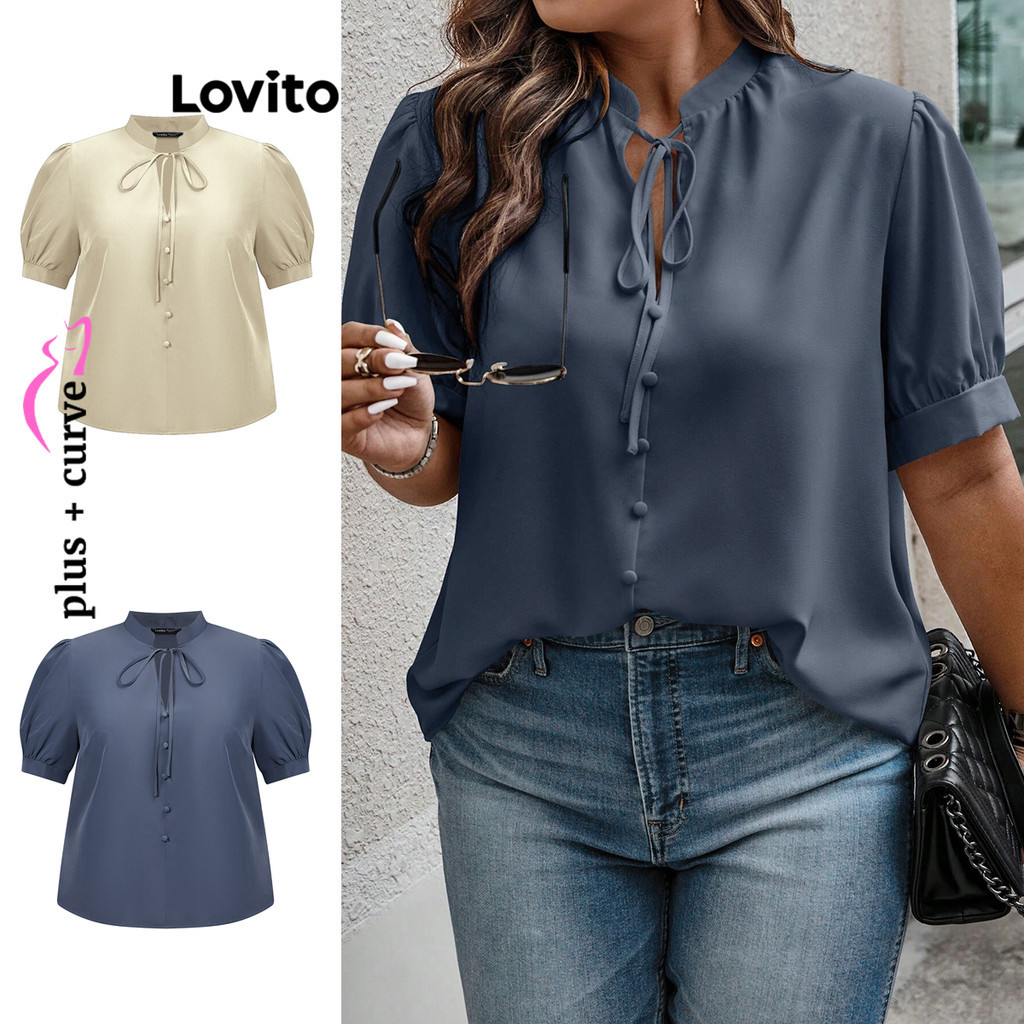 Lovito เสื้อเบลาส์สาวอวบ เข้ารูป คอแต่งระบาย แต่งกระดุม มีสายผูก สีพื้น สไตล์หรูหรา LBL09414
