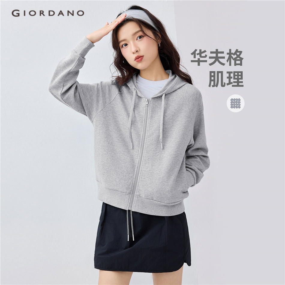 Giordano WOMEN Waffle ralan sleeve เสื้อแจ็คเก็ตมีฮู้ดเหงื่อ 13375102