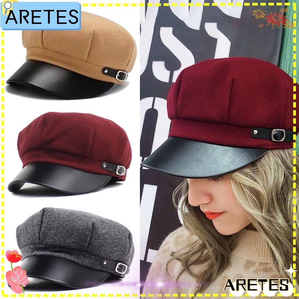 Arees Newsboy หมวก, ผ้าทําด้วยผ้าขนสัตว์หนัง Brim จิตรกรหมวกทัวร์, แฟชั่น Retro อังกฤษแปดเหลี่ยม Baker Peaked Beret ผู้หญิงสาว