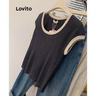 Lovito เสื้อถักลําลอง บล็อกสีพื้น สําหรับผู้หญิง LNE21158 (สีเทาเข้ม)