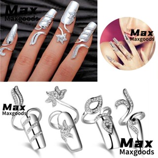 Maxg แหวนนิ้วมือ ประดับเพชรเทียม สีเงิน เรียบง่าย สําหรับตกแต่งเล็บ