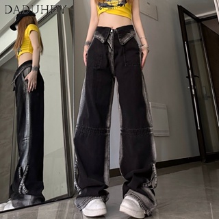 DaDuHey🎈 Womens High Street Straight Wide Leg Mop Pants American Vibe Style Retro Lapels Design Contrast Color Gradient Jeans