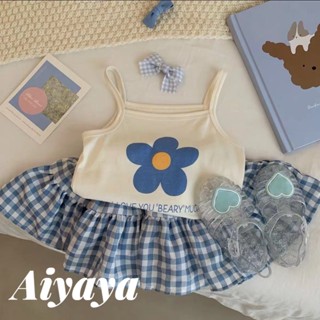 Aiyaya ชุดเซ็ทเด็ก เสื้อกั๊ก+กระโปรงลายสก๊อต แฟชั่นฤดูร้อน เหมาะสำหรับเด็กผู้หญิงอายุ 2-7 ปี （820）