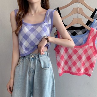 เสื้อสายเดี่ยว ผ้าถัก ประดับเพชร สไตล์เรโทร สําหรับผู้หญิง