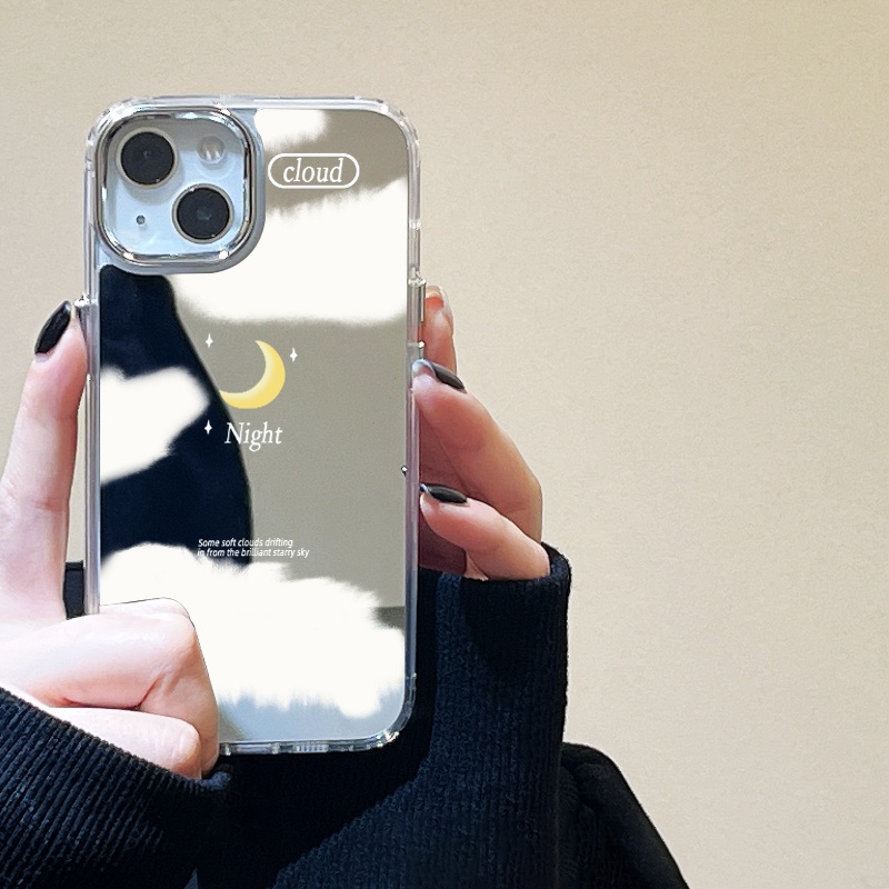 Case เคส for iPhone 11 15 13 14 12 Pro Max เคสไอโฟน15 12 14 กรณีโทรศัพท์มือถือชุบกระจก เมฆสีขาวเสี้ยววงเดือน