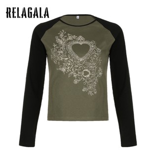 Relagala ใหม่ เสื้อยืดลําลอง แขนสั้น เปิดไหล่ พิมพ์ลาย สีตัดกัน สไตล์เรโทร สําหรับสตรี 2023