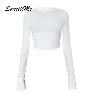 Sweeticme ใหม่ เสื้อยืดลําลอง คอกลม แขนบาน เข้ารูป สีพื้น แฟชั่นสําหรับสตรี 2023