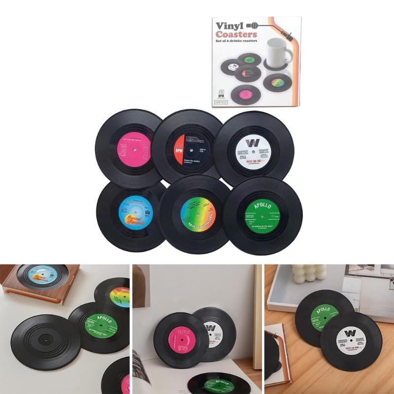 Cozy Pack of 6 12 Vintage Record Coaster ABS Cup Pads Slip Coffee Drink Mats