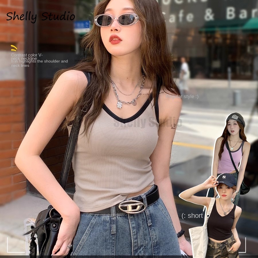เสื้อสายเดี่ยว คอวี แขนกุด วันพีช สีตัดกัน สําหรับผู้หญิง ไซซ์ S - XL
