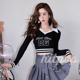 Hitpop-เสื้อครอปท็อปแขนยาวลําลอง ผ้าถัก ปักลายตัวอักษร สไตล์สตรีท สําหรับผู้หญิง