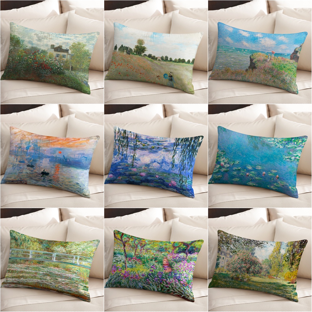 ปลอกหมอนโพลีเอสเตอร์ ทรงสี่เหลี่ยมผืนผ้า พิมพ์ลาย Claude Monet สําหรับตกแต่งบ้าน (ไม่มีแกน)