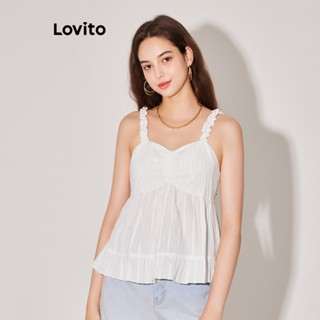 Lovito เสื้อแขนกุด แต่งจีบย่น มีระบาย ปักลายตาไก่ สีพื้น สไตล์เพร็พพี่ สำหรับผู้หญิง L59ED025 (สีออฟไวท์)