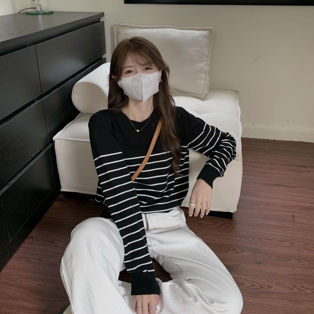Bh เสื้อกันหนาวแขนยาว ผ้าถัก ลายทาง ทรงหลวม แฟชั่นฤดูใบไม้ร่วง ฤดูหนาว สําหรับผู้หญิง