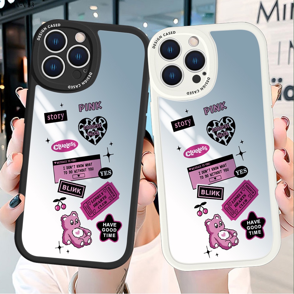 VIVO V23 V25 V25E V23E V11I V5 V5S V15 V9 S1 Pro Lite 5G เคสวีโว่ สำหรับ Case Shockproof Silicone Cute Pink Label Bear Pattern Ultra-thin Mirror เคสโทรศัพท์ Cover
