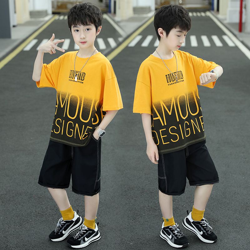 【พร้อมส่ง】ชุดเสื้อแขนสั้น กางเกงขายาว พิมพ์ลายตัวอักษร ไล่โทนสี แฟชั่นฤดูร้อน สําหรับเด็กผู้ชายวัยกลางคน 1-14 ปี