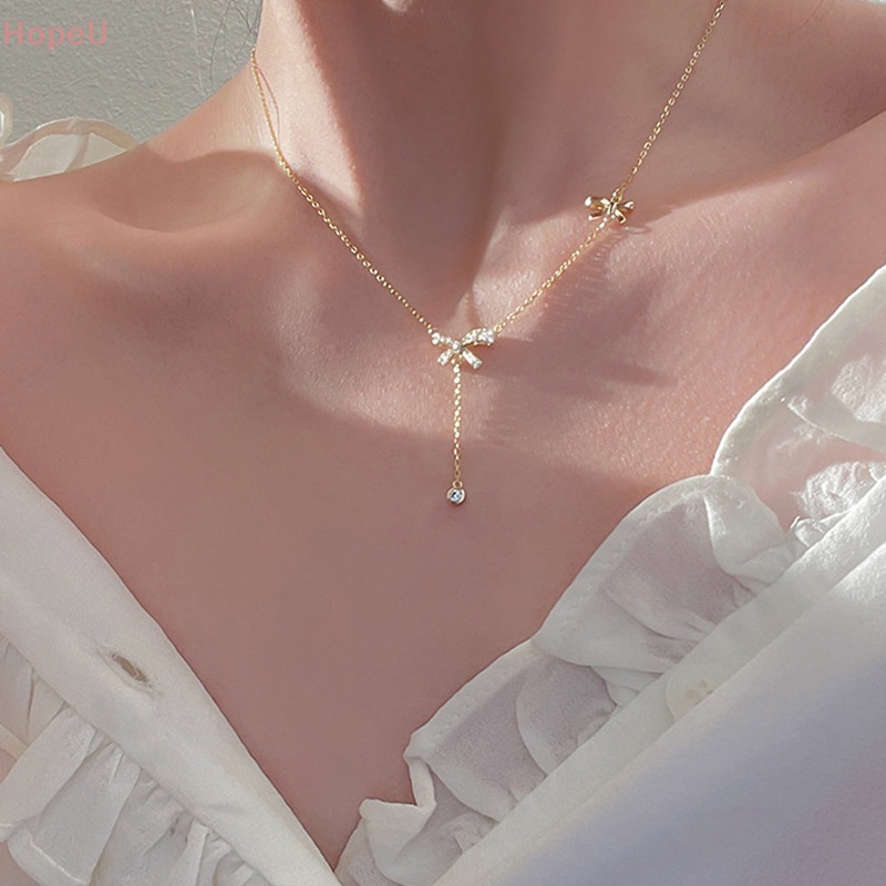 [HopeU] สร้อยคอโซ่ จี้โบว์ ประดับเพทาย คริสตัล สวยหรู ของขวัญวันเกิด สําหรับผู้หญิง