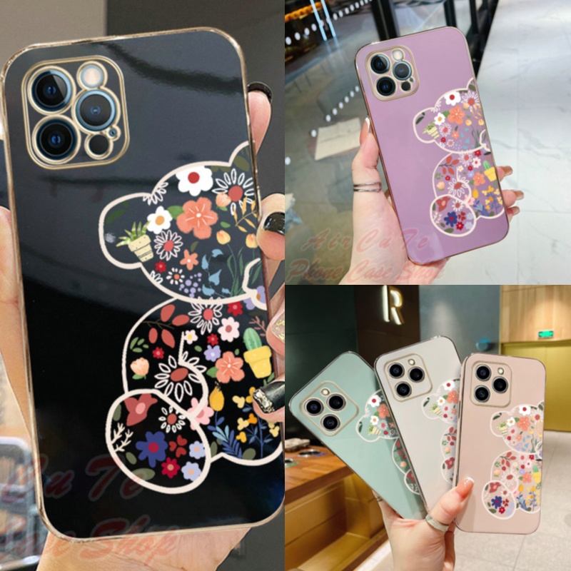 เคส Huawei Y7A Y6P Y9 Y9S Y7 Nova Y70 9 7 SE 5T 3i P30 Lite Pro Prime 2019 2020 huaweiy7a huaweiy6p huaweiy9 huaweiy9prime huaweiy7 pro2019 Nova3i Nova5T Nova9 NovaY70 Plating Protect Camera Bear Flowers Soft Case
