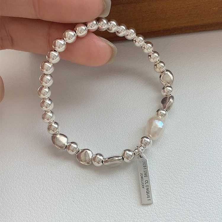 สร้อยข้อมือยางยืด ประดับลูกปัดไข่มุก สีเงิน สไตล์เกาหลี เรโทร สําหรับผู้หญิง