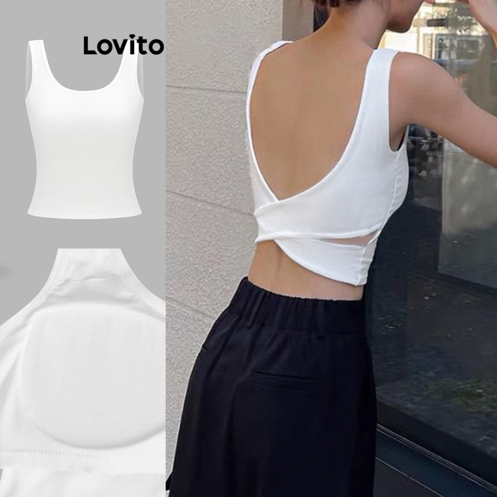 Lovito เสื้อแขนกุด ทรงเบสิก สายไขว้ สีพื้น สไตล์สง่า สำหรับผู้หญิง L65ED047 (สีฮอตพิงค์/สีขาว/สีแดง/สีเขียว/สีดำ)