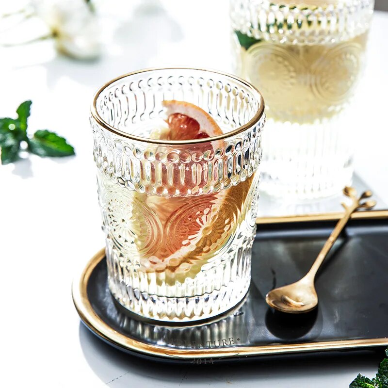 GIANXI Anaglyph Glass Cup Transparent Retro Sun Flower Pattern Thicken Glass Cups High Temperature R